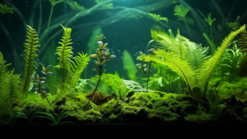 Javafarn in einem Aquarium mit pflanzenfressenden Fischen